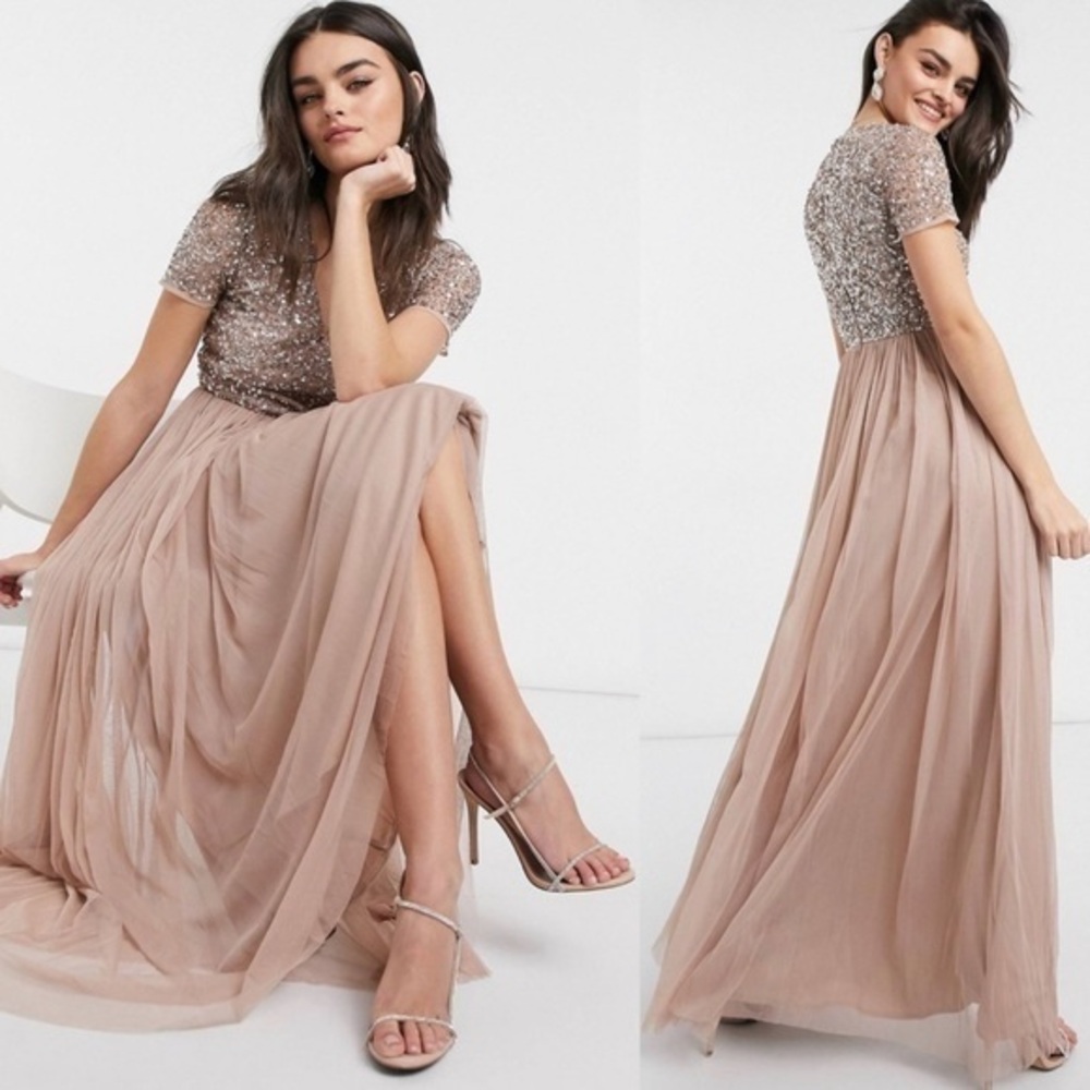 Maya Sequin Top Maxi Dress in Taupe